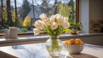 Poster - A modern white kitchen with pops of greenery, a vase of tulips on the counter,