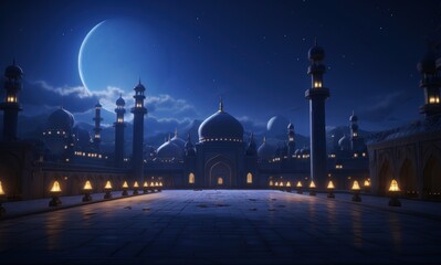 Wall Mural - a mosque is lit up with an open crescent,