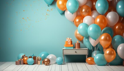 Sticker - a party on a table with various balloons and decorations,