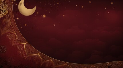 Canvas Print - A rich burgundy and gold background with intricate geometric patterns and a striking crescent moon and stars