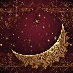 Canvas Print - A rich burgundy and gold background with intricate geometric patterns and a striking crescent moon and stars