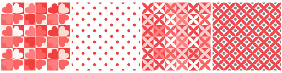 Wall Mural - A set of seamless patterns with abstract hearts, on the background of geometric grid squares. Vector graphics.