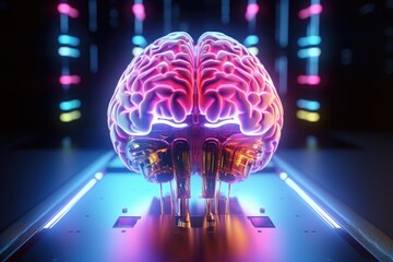 Poster - A close up of a computer keyboard with a brain on it. This image can be used to represent the concept of artificial intelligence, technology, or the human mind