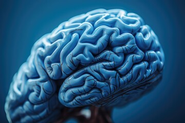 Poster - Close up view of a human brain on a blue background. Ideal for medical and scientific presentations