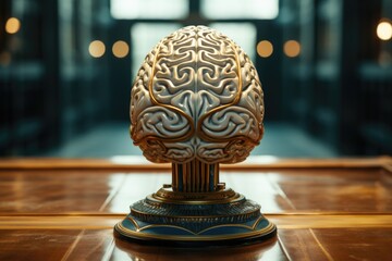 Poster - A sculpture of a human brain placed on a wooden table. Perfect for educational or medical presentations