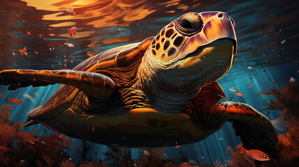 Wall Mural - Charming turtle playing at coral reef underwater. sea turtle close up over coral reef. generative ai