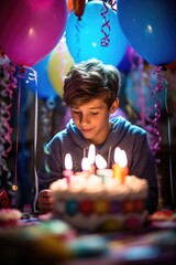 Sticker - A young boy blowing out candles on a birthday cake. Generative AI.