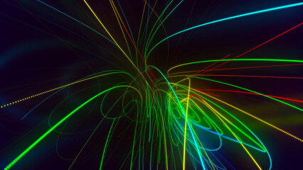 Poster - Neon color glowing lines background. Rainbow stripes background illustration. Linear abstract background in all colors of the rainbow, retro style lines in 3D perspective on a dark background.