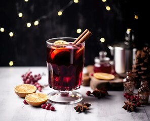 Sticker - A glass of mulled wine with cinnamon sticks and oranges. Generative AI.