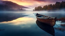 A Solitary Boat Resting On The Still Waters Of A Mist-covered Lake At Dawn.