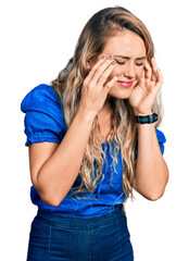 Sticker - Young blonde woman wearing casual clothes with hand on head, headache because stress. suffering migraine.