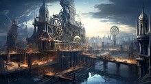 A Steampunk-inspired Cityscape With Towering Clockwork Structures.
