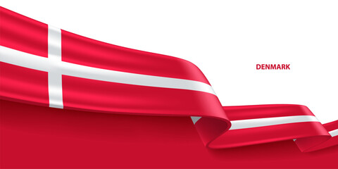 Wall Mural - Denmark 3D ribbon flag. Bent waving 3D flag in colors of the Denmark national flag. National flag background design.