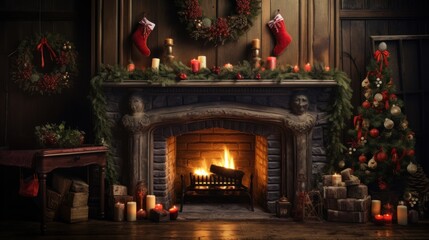 Poster -  a fireplace in a living room with a christmas tree on the mantle and a christmas tree on the fireplace mantel.