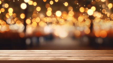 empty wooden table top with bokeh festive christmas fairy lights, christmas tree and christmas marke