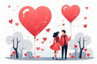Illustration of a couple in love. Fall in love, emoji, facial expression, emotional face. Flat style illustration. Hearts