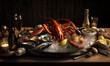 Seafood platter with lobster scallops. A plate of lobsters, clams, lemons, and wine on a