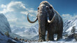 closeup mammoth trudges over snow covered hills. woolly mammoth, prehistoric ice age. generative ai