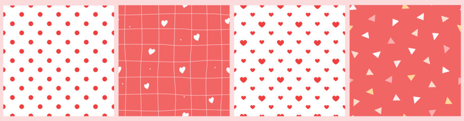 Set of seamless patterns with abstract hearts, dots, lines. Ornament for textiles, fabric, packaging for Valentine's holiday, children's prints. Vector graphics.