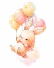 Adorable bunny on balloon, pastel colorful illustration for kids and greeting cards isolated on white background.