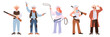 Set of different cowboys and cowgirls cartoon characters wearing traditional costume holding weapon