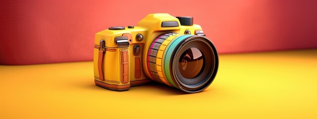 Wall Mural - world photography day concept. bright yellow digital camera on yellow-orange background