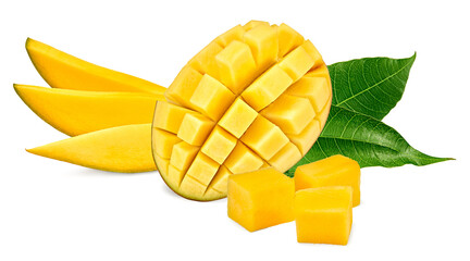 Wall Mural - flying sliced mango with green leaves isolated on white background. exotic fruit. clipping path