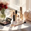 Fresh tulips accompany an array of cosmetic products on a sun-kissed table, symbolizing beauty and care