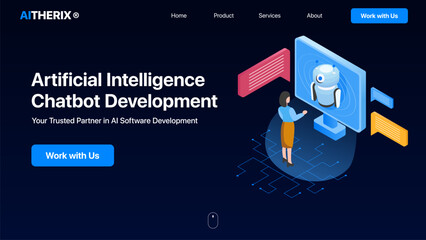 Artificial Intelligence Chatbot Development. AI landing page concept