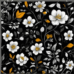 Seamless floral pattern with white flowers on black background. Vector illustration, black floral wall paper, floral seamless pattern vector, black and white flowers pattern, floral digital paper seam