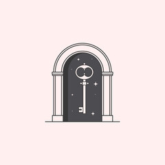 Wall Mural - Vector mystic logo design template with portal,key and stars.Surreal abstract illustration in trendy minimal outline style.Celestial enlightenment emblem.Branding design template.