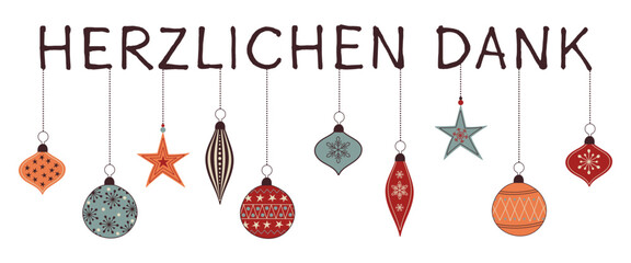 Poster - Herzlichen Dank – Schriftzug in deutscher Sprache. Dankeskarte mit bunten Weihnachtskugeln.