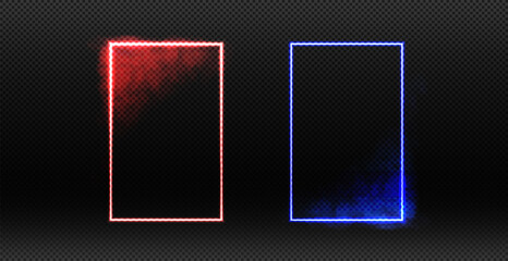 Poster - Vector illustration of blue and red neon light doors with a smoke effect on a black grid-patterned background.