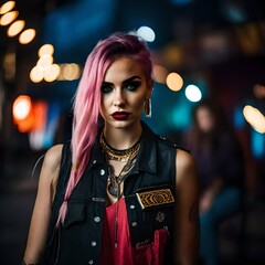 Wall Mural - portrait of a young punk rock girl, a bad attitude, a angry expression on her face standing outside at night in the city