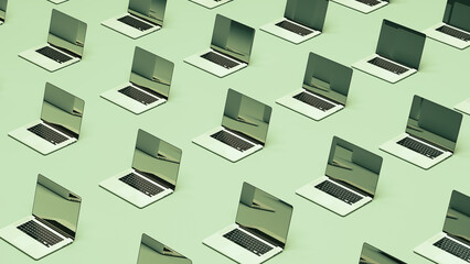 Laptop notebook network communication isometric grid layout pale green background cyber security internet safety 3d illustration render digital rendering