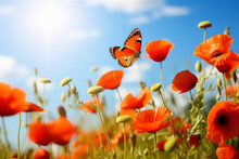 Beautiful Summer Background Of Red Poppy Flowers And Red Butterfly With Sky In The Background And Space For Text.generative Ai