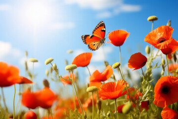 Beautiful summer background of red poppy flowers and red butterfly with sky in the background and space for text.generative ai