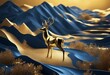 3d modern art mural wallpaper with dark blue and golden wave background mountains golden deer