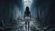 Lost girl stands alone at dark spooky alley or corridor, back view of young woman in grungy scary place. Female person like in thriller or horror movie. Concept of terror, dirt