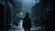 © scaliger - Young woman walks alone in rain at night on dark grungy street, back view of adult girl in spooky place. Female person like in thriller or horror movie. Concept of crime, cinematic