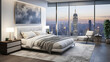 A modern bedroom with a large window offers a stunning view of the New York City skyline at night. 