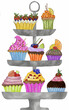 Cupcakes on a tiered tray, watercolor illustration