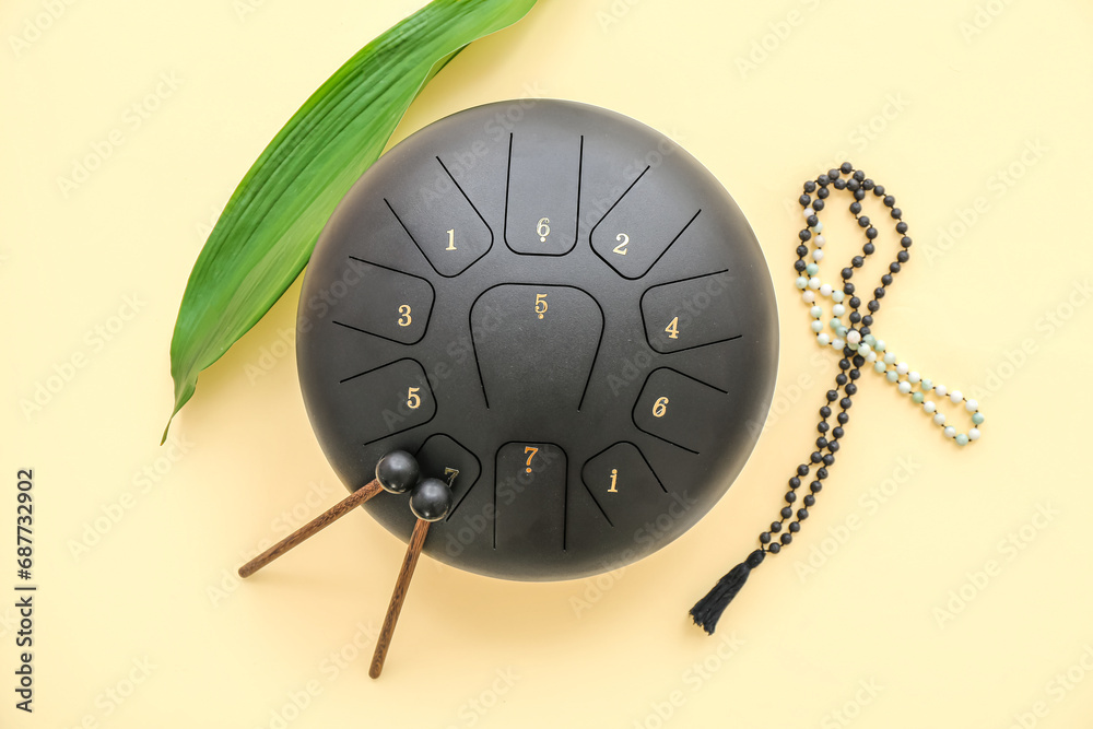 Glucophone with sticks, plant leaf and beads on beige background