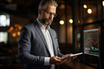 Poster - A confident businessman in a sharp suit, holding a tablet with financial charts and graphs. Concept of data-driven decision-making. Generative Ai.