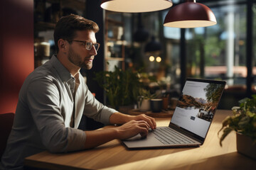 Poster - A young entrepreneur with a laptop, engaged in a video conference, showcasing the modern work dynamic. Concept of remote collaboration. Generative Ai.