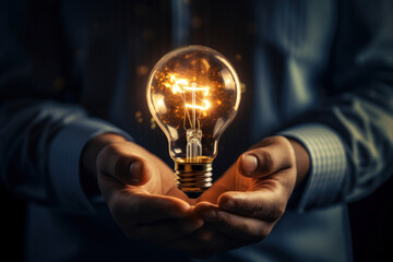 Poster - A close-up of a businessman's hand holding a lightbulb, symbolizing the idea generation and innovation in business. Concept of creative thinking. Generative Ai.