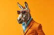 Confident cool donkey dressed as a spy on bright background