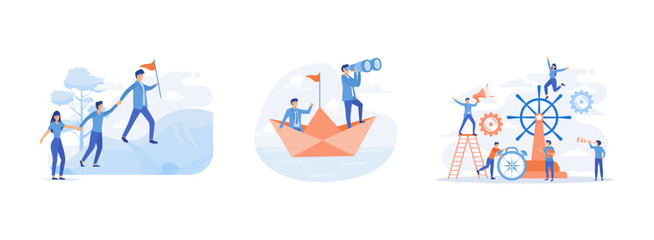 Wall Mural - Business people climb to the top of the mountain. Businessman leader with binoculars lead business team sailing origami ship, leadership qualities in a creative team. Leadership set flat vector modern