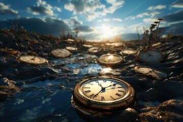 Poster - a surreal landscape with melting pocket watches scattered on the ground, symbolizing the malleabilit