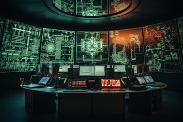 Poster - A control room with operators monitoring the intricate systems of a nuclear facility, ensuring precision and safety in power generation. Concept of nuclear energy management. Generative Ai.